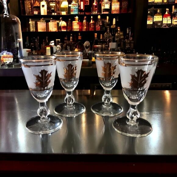 Libbey Golden Foliage Cordial Glasses Frosted Stemmed Gold Oak Leaf MCM Mad Men. - Picture 1 of 16